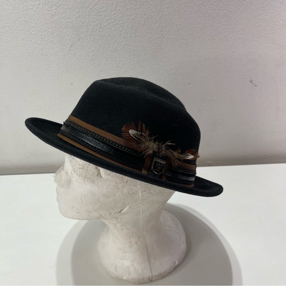 Stacy Adams Black Medium Feather Accent Fedora Wool Hat Brown Black Trim Logo